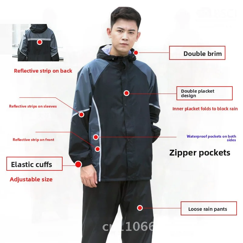 

Waterproof Raincoat Set Double Layer Pongee Fabric Motorcycle Riding Rain Pants Full Body Flood Control Fashionable