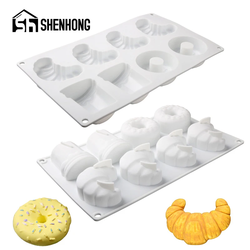 

SHENHONG 8 Cells Silicone Cake Mold Croissant and Donut Design Mousse Cake Mould Food Grade Dessert Bakeware Kitchen Baking Tool