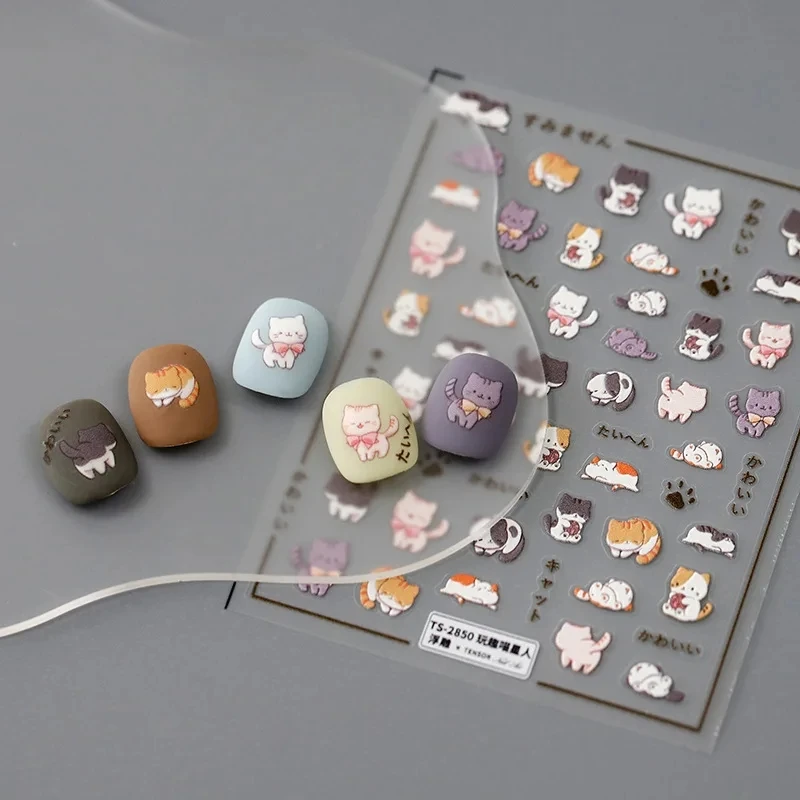 Autocollants 5D en relief doux de chat de dessin animé mignon, décorations d'art d'ongle auto-adhésives, beaux autocollants de manucure 3D, sous-vêtements de Charleroi, vente en gros