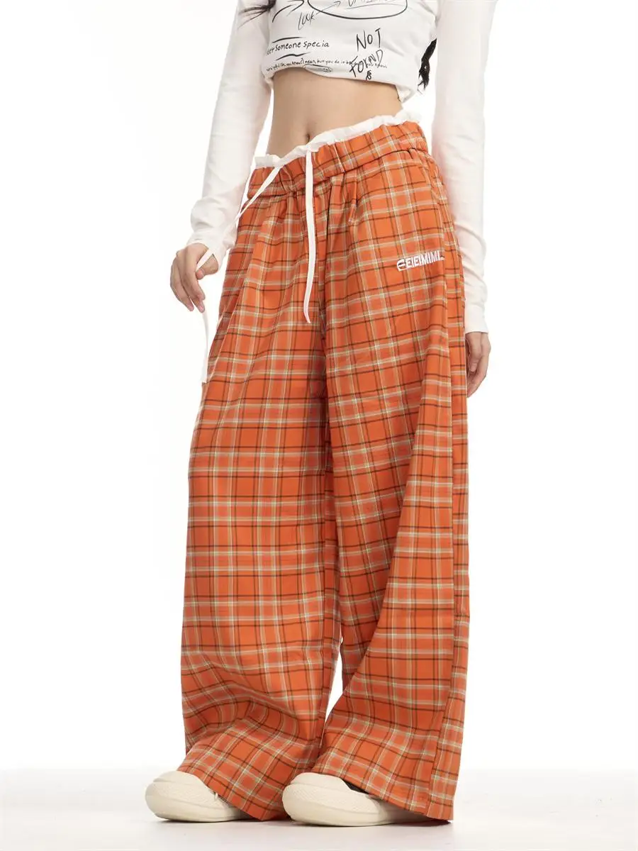 กางเกงลำลองลายสก็อตสีส้มสไตล์อเมริกันย้อนยุคทรงหลวมเอวสูงขาตรงยาวสำหรับผู้หญิง ใส่ได้หลายโอกาส