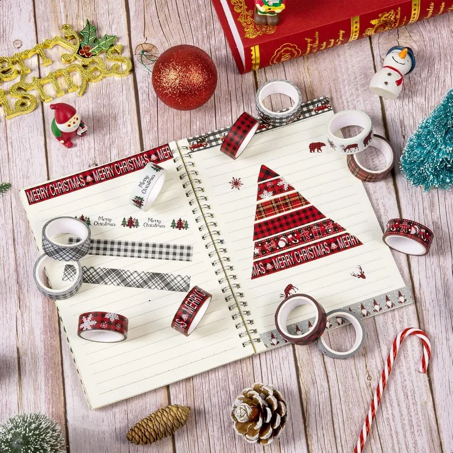 12 rotoli di nastro adesivo Washi natalizio plaid albero di Natale fiocco di neve gnomo camion nastro Washi Natale classico rosso nero adesivo decorativo T