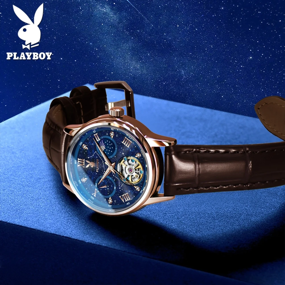 

PLAYBOY 3057 Mechanical Movement Women Watch Stainless Steel Starry Sky Skeleton Flywheel Moon Phase Luxury Brand Ladies Watch