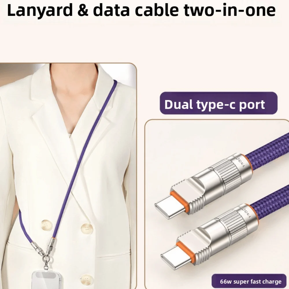

Type C Data Cable Crossbody Mobile Phone Lanyard 2 in 1 PD66W Fast Charging Phone Strap Braided Detachable Phone Hanging Rope