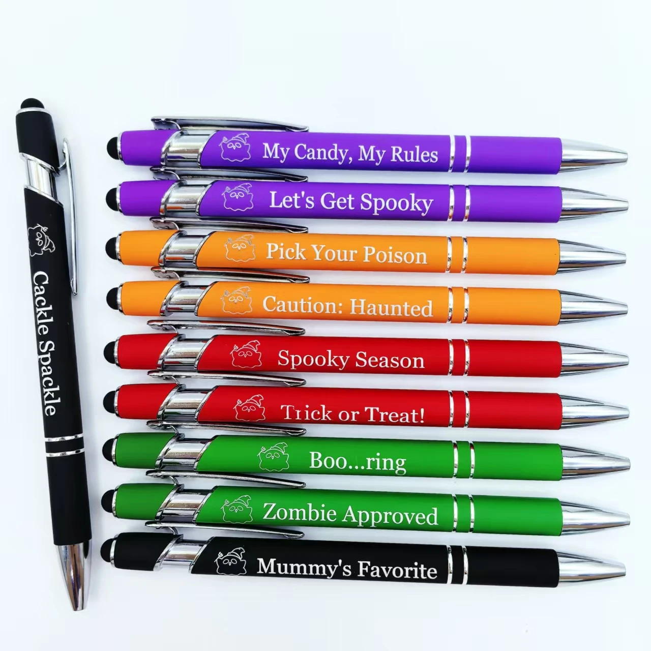 

10 шт., металлическая лента на Хэллоуин, гравировальная ручка с фразой, сенсорный экран, юмористическая фраза, пресс, металлическая гравировка, шариковая ручка