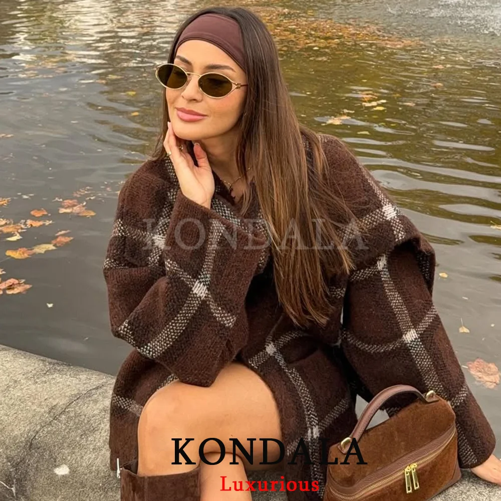 

KONDALA Vintage Plaid Knit Scarf Jackets Women Open Stitch Scarf Pockets Loose Coats Fashion 2025 Autumn Winter Casual Outwears