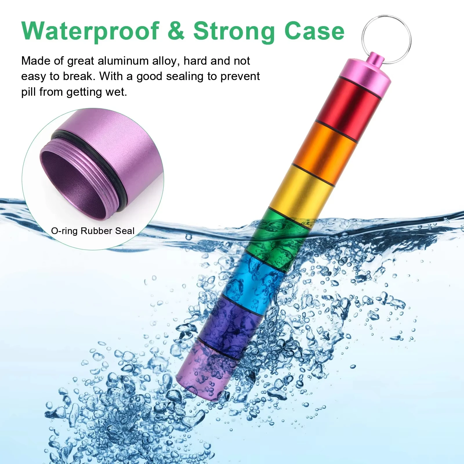 علبة حبوب منع الحمل الصغيرة المحمولة سلسلة المفاتيح حامل حبوب معدنية مقاومة للماء أنبوب مع 7 مقصورات لمنظم حبوب الدواء الصغيرة في حالات الطوارئ