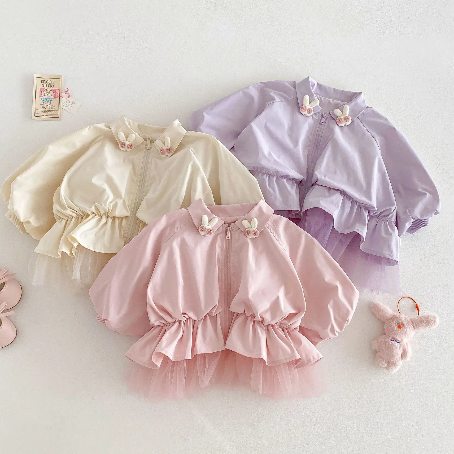 

MILANCEL Cute Girls' Solid Color Mesh Patchwork Jacket Spring Baby Bunny Lapel Outwear Korean Style Top for Kids 0-5 Years