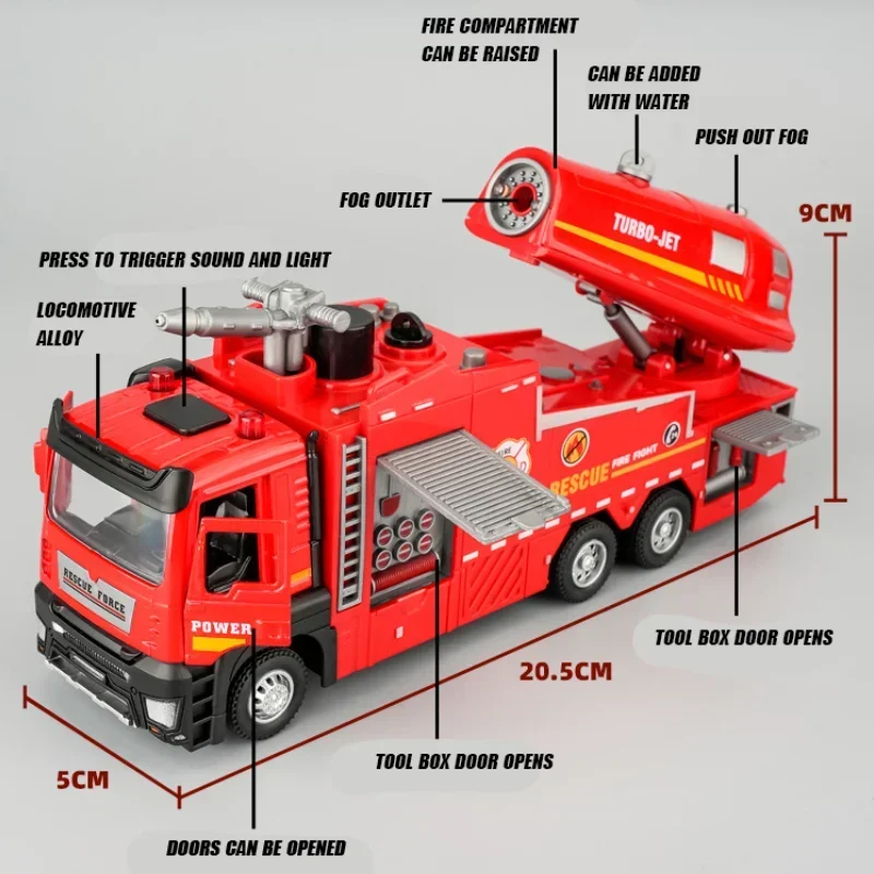 Camión rociador de motor de bomberos con pulverizador de agua de aleación, sonido y luz, modelo de coche extraíble, puerta abierta, juguetes para niños, regalos de vacaciones, 1/32