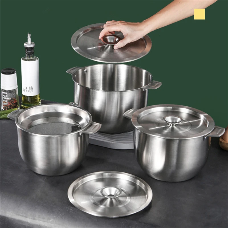 Stainless Steel Soup Oil Filter Pot with Lid Lard Tank Oil Residue Strainer Basin Kitchen Cooking Seasoning Bowls Food Container