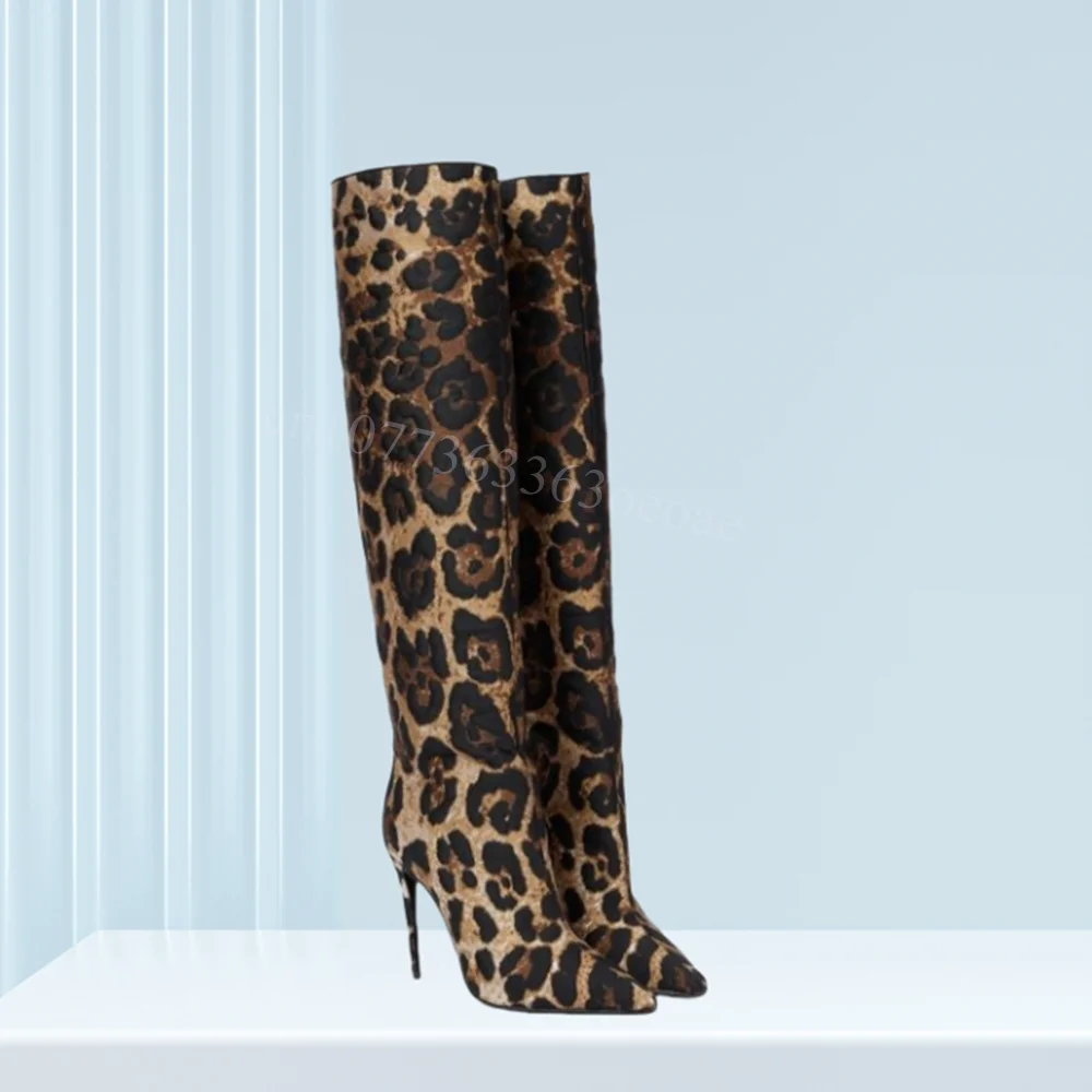 

Leopard Pattern Matte Leather Boots Knee High Pointed Toe Shoes for Women Thin High Heels Fashion Shoes 2025 Zapatos Para Mujere