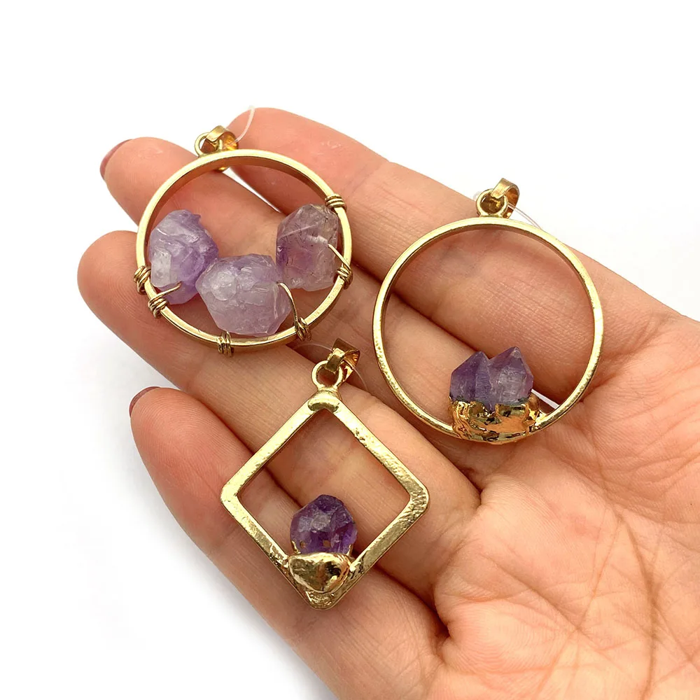 

Fashion Natural Stone Amethyst Pendant Round Gold Plated Connector Charm for Jewelry Pendant Making DIY Earrings Accessories