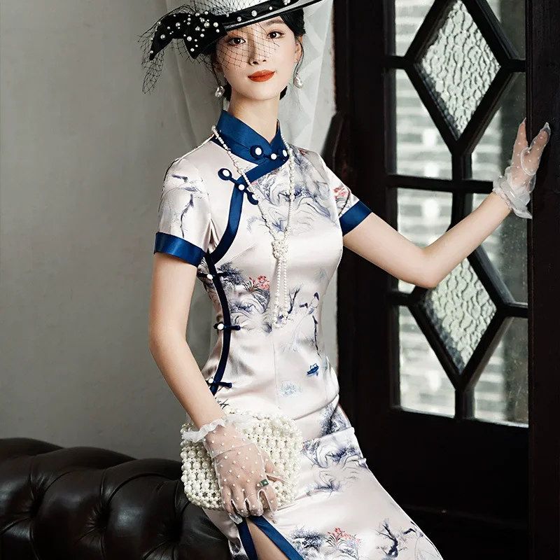 

Длинное платье Ципао с улучшенным принтом в китайском стиле в старом Шанхае, 2021, весенне-летнее платье Ципао для молодых женщин в стиле ретро с короткими рукавами