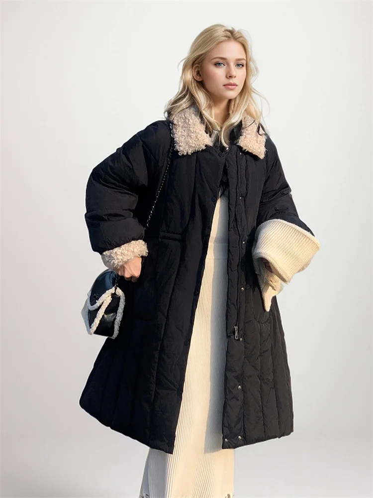 

Women's Jacket With Lambswool Panels And Down Padded Jackets Winter New Long Lapels Stylish Waist-Cinching Warm Coat