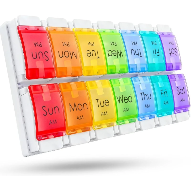 

Large Weekly Pill Organizer 2 Times a Day, ZOESURE 7-Day Clearly Mark AM PM Daily Pill Box Case, Patented Push-Button
