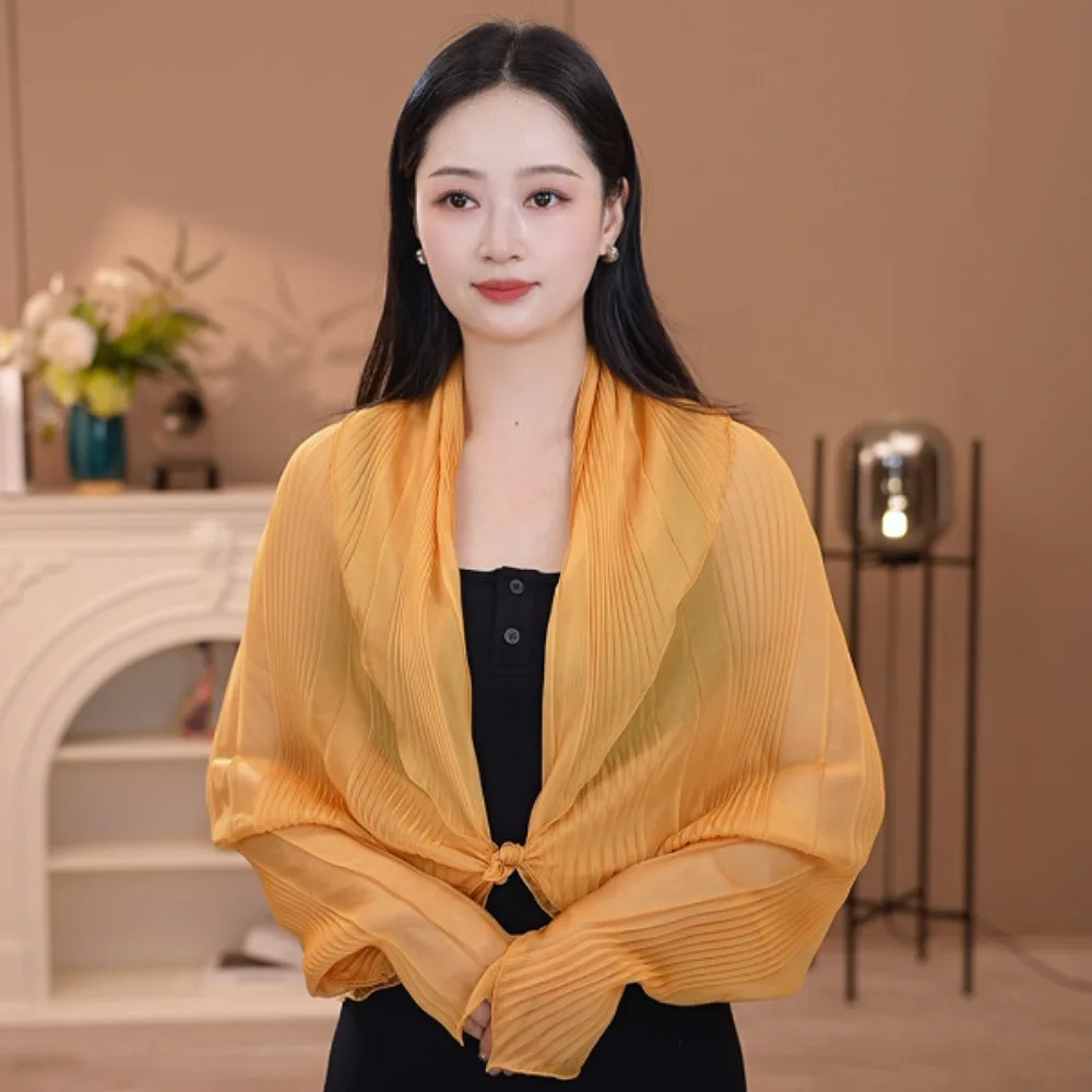 

Solid Color Sun Protection Top Round Neck Thin Fabric Sun Protection Shawl Long Sleeve Polyester Material Pleated Shawl