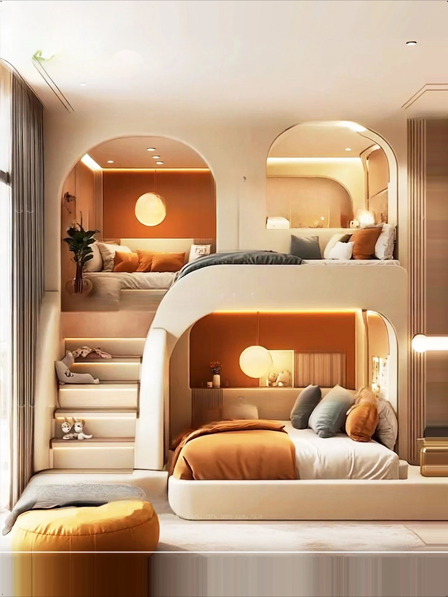 Tempat Tidur Anak Cream Wind Model Putri, Tempat Tidur Tingkat Atas dan Bawah, Tempat Tidur Double untuk Orang Tua dan Anak