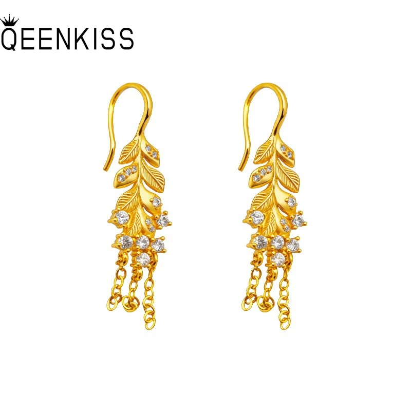 

QEENKISS 24KT Gold Leaves Tassel Drop Earrings For Women Wedding Party Birthday Christmas Bride Mother Girl Ladies Gifts EG5543