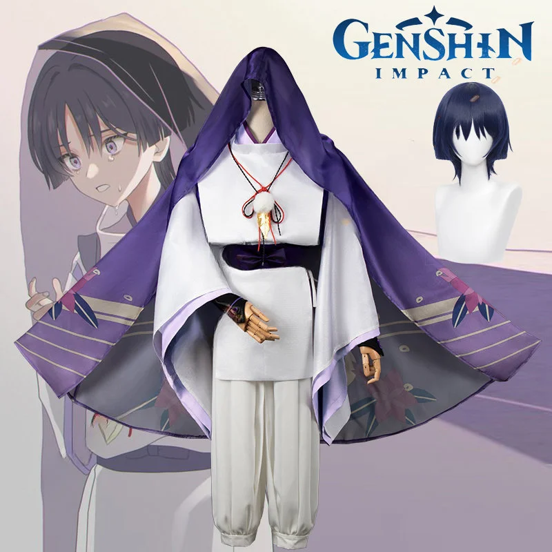 

Genshin Impact Scaramouche Kunikuzushi Game Cosplay Costume Wig Purple Cloak Outfit White Top Pants Balladeer Hunting Outfit