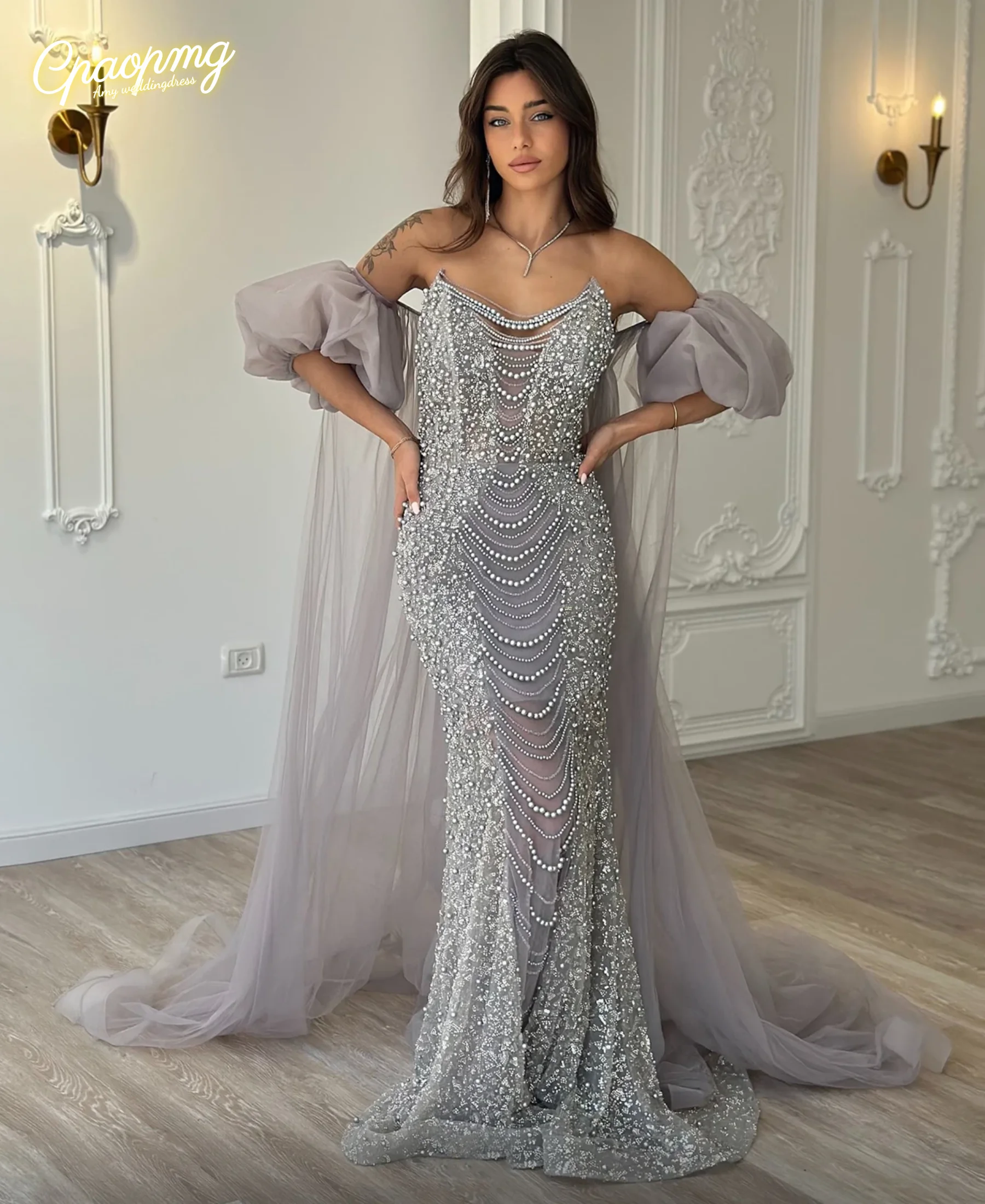 

Customized Luxury Pearls Purple Mermaid Evening Dress with Cape Sleeve Tassel Wedding Party Gown