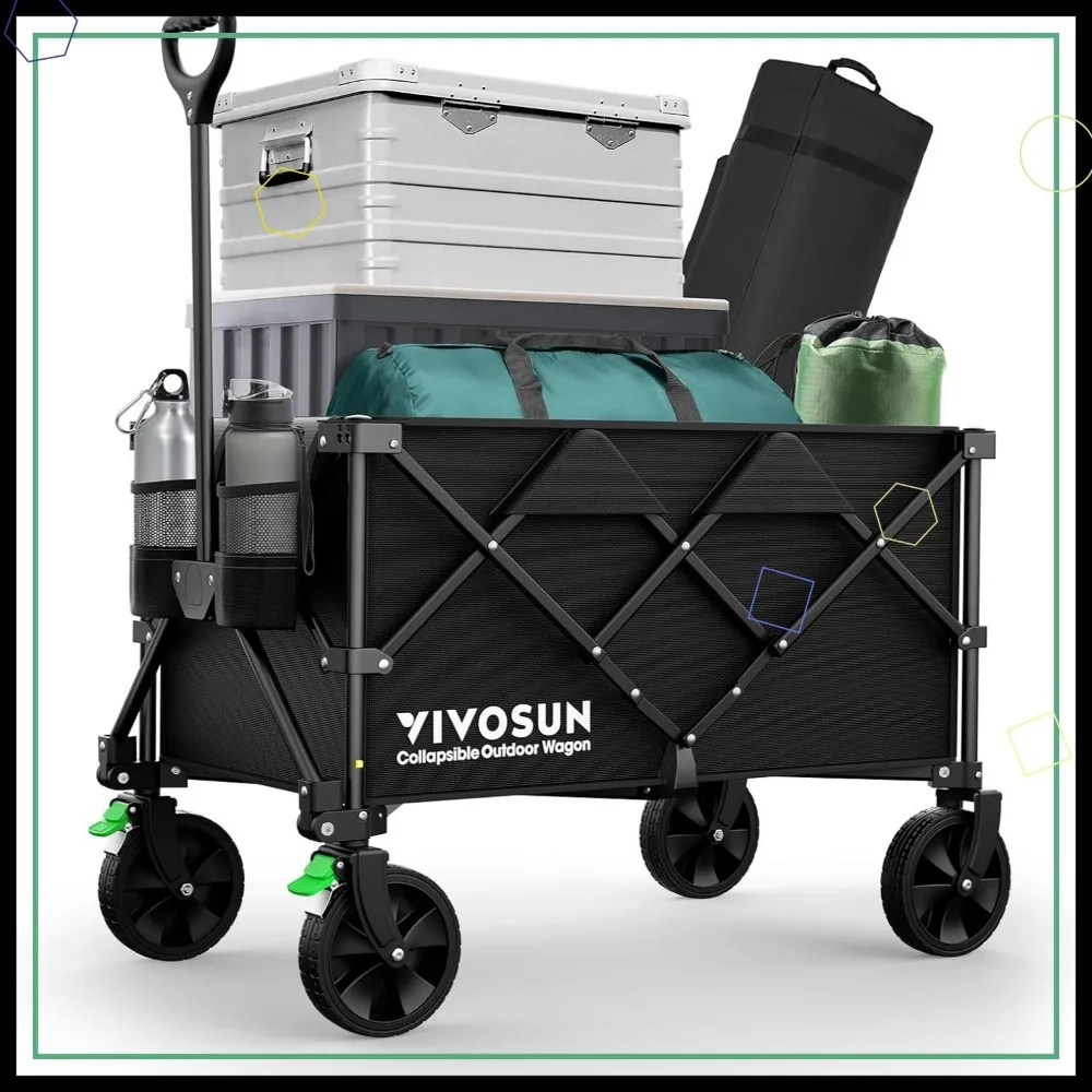Carrinho de vagão dobrável com rodas silenciosas, porta-copos e bolsos, alça ajustável para uso ao ar livre