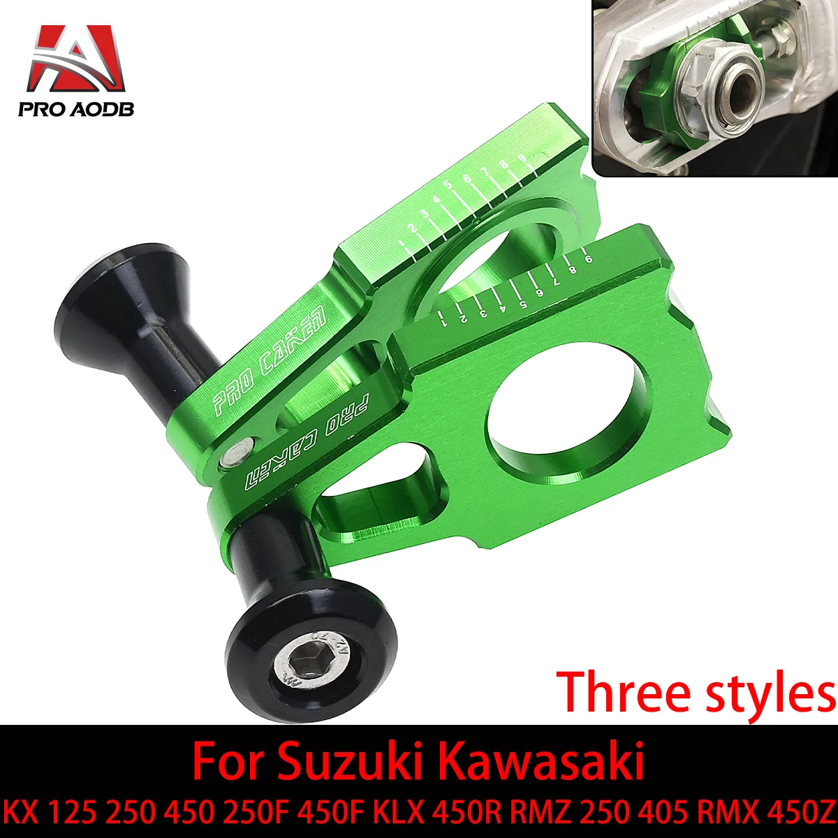 

Dirt bike Green CNC Aluminium Axle Block Chain Adjuster For KAWASAKI Suzuki RMZ250 450 RMX450Z KX 125 250 450 250F 450F KLX 450R