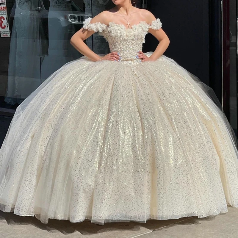 

Champagne Flowers Crystal Quinceanera Dress Ball Gown Off Shoulder Appliques Lace Pageant Birthday Sweet 15 Party