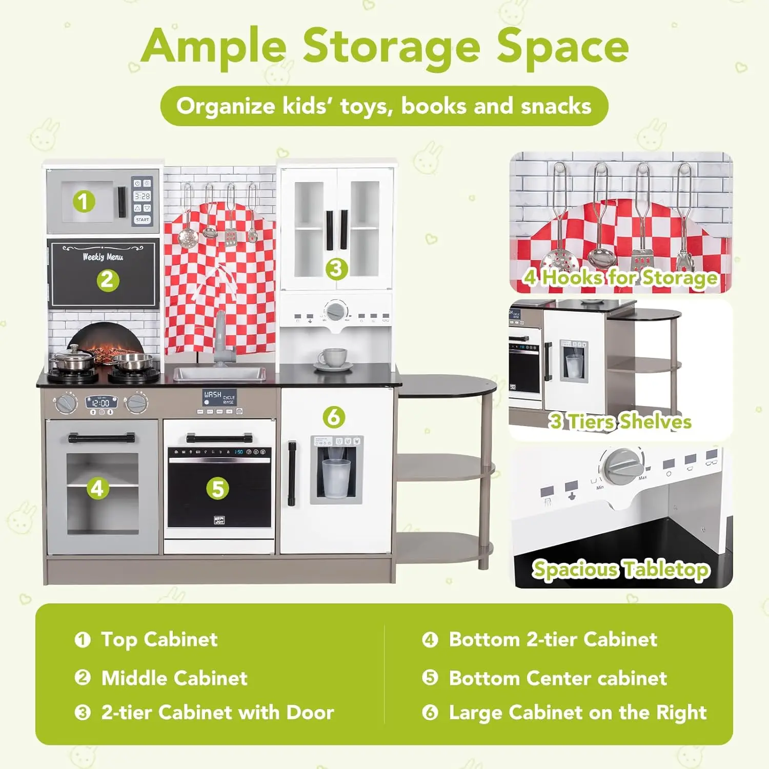 Kids Kitchen Playset, Wooden Toddler Kitchen Set w/Curtains, Coffee Maker, Storage Shelf, Stove,Sink, Utensils, Light & Sound, K