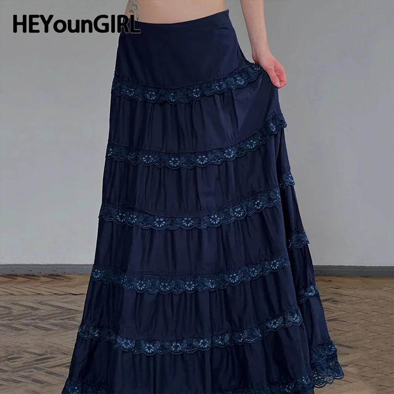 

HEYounGIRL Lace Trim Vintage Dark Blue Maxi Skirt Y2K Aesthetic Chic A-line Skirt Elegant Lady Streetwear 90s Fashion Outfits