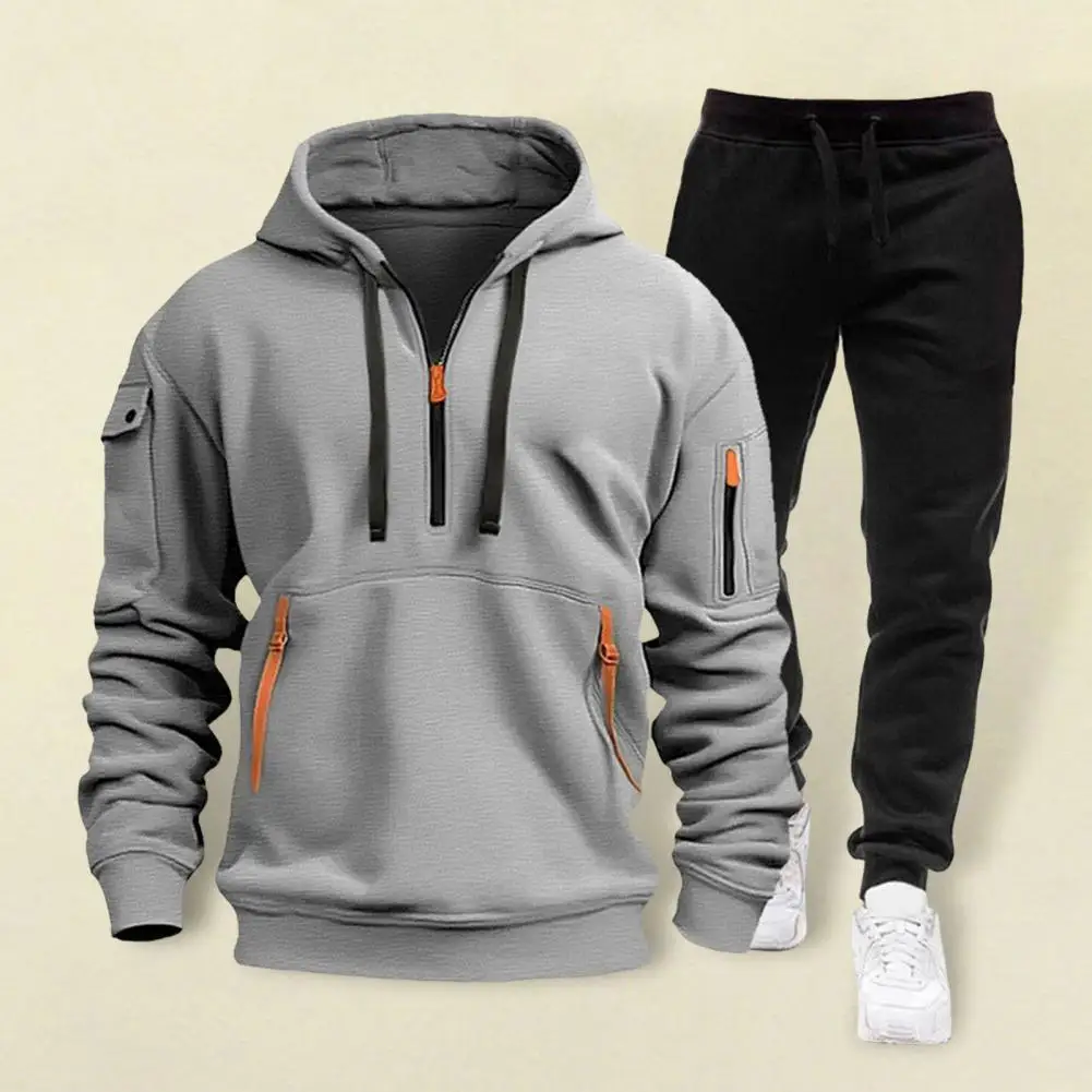 Men Sweatshirt Pants Set Men's Hooded Sweatshirt Elastic Waist Pants Set Fashionable Baggy Tracksuit With Long Sleeve For Men