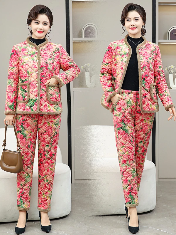 

Thiened Fce Lined Cotton Jaet And Pants Set for Mom Winter Warm Clothing Loose Fit Sli Two Piece Suit for Middle-A...