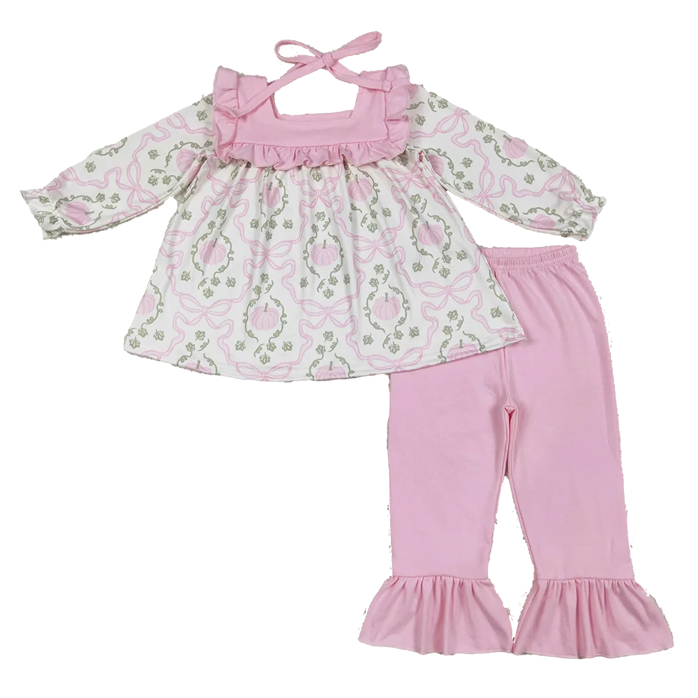 

Baby Girls Fall Pumpkins Bows Plaid Tunic Pink Ruffle Pant Sets
