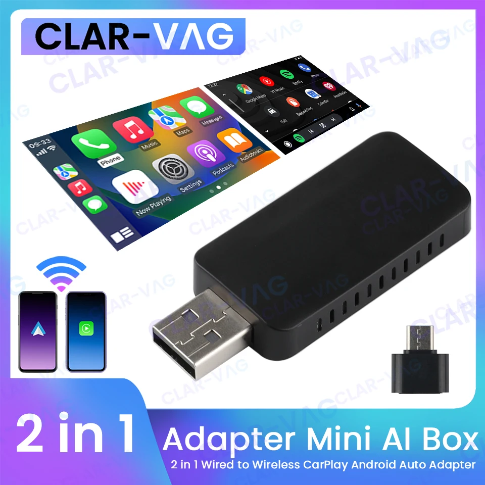 2 in 1 Al BoX Wired to Wireless CarPlay Android Auto Adapter for iPhone USB Car Accessories for Hyundai VW Mazda Toyota Kia Ford