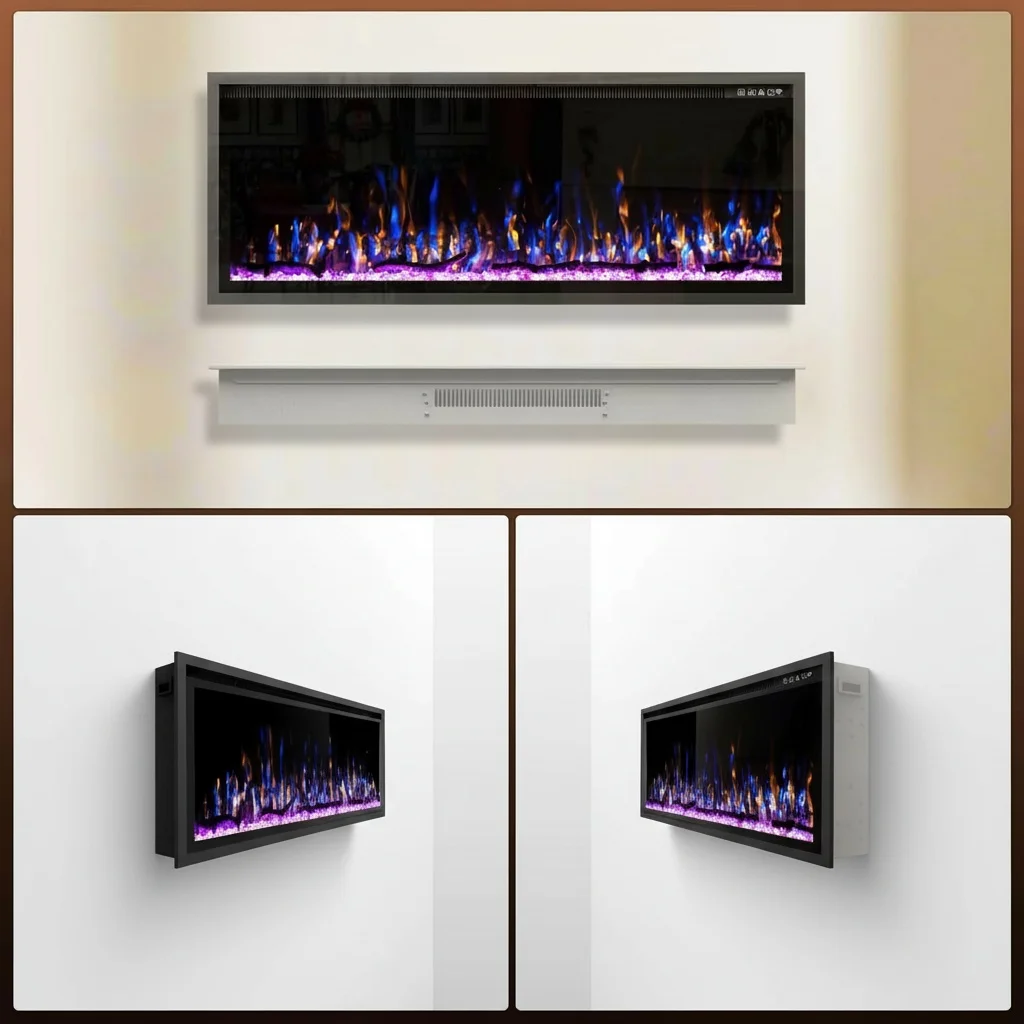 

Electric Fireplace Heater, 42-72 Inch Tempered Glass, Wall Mounted Fireplace, 3D LED Flame, Remote Control Modern Indoor Heater