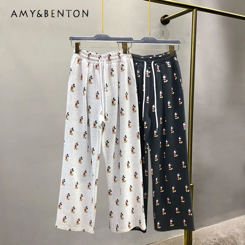 Potdemiel Cartoon Printed Wide-Leg Pants Sweatpants Women's Spring Drawstring High Waist Loose Slimming Straight Casual Trousers