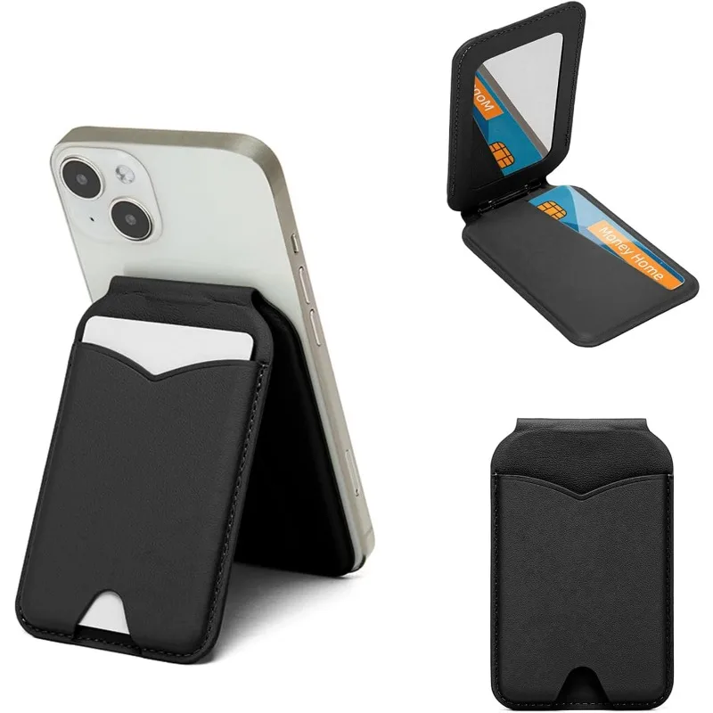 

New Magnetic Wallet Stand with Mirror Adjustable Kickstand PU Leather Card Holder Compatible with Magsafe phone holder