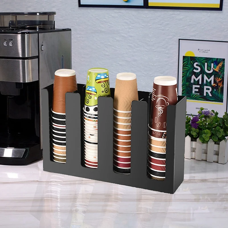 1 Piece Coffee Cup And Lid Organizer Disposable Paper Cup Holder Dispenser 4 Compartments Black