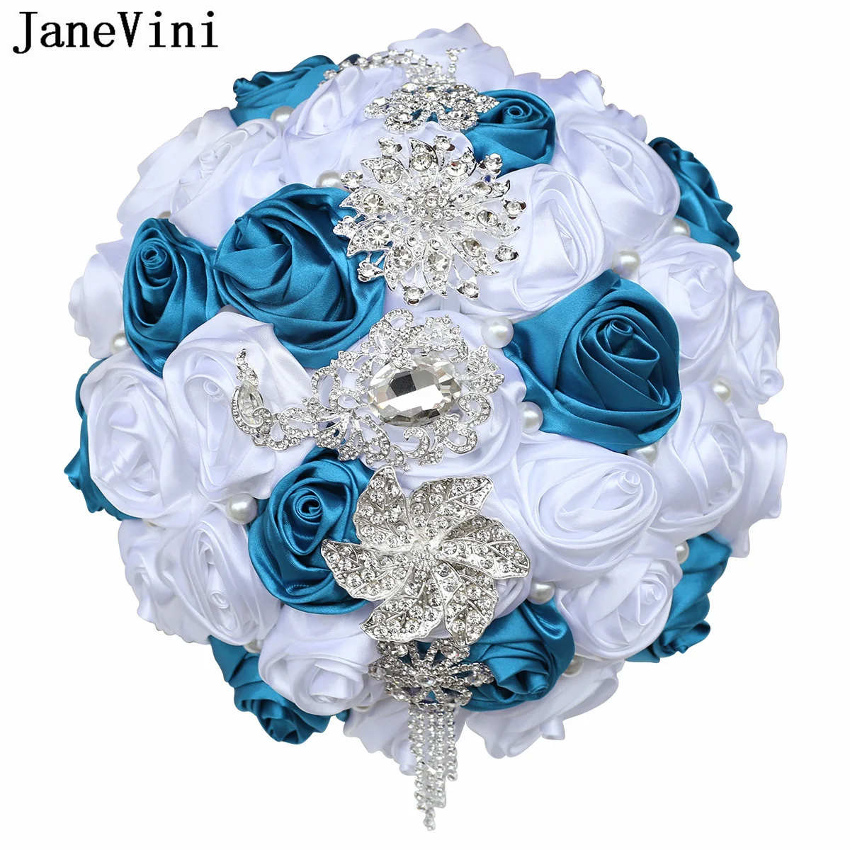 JaneVini Bouquet da sposa con perline di cristallo lucido fascino Fleurs perla da sposa damigella d'onore fiore Bouquest Royal Blue bianco rose da sposa