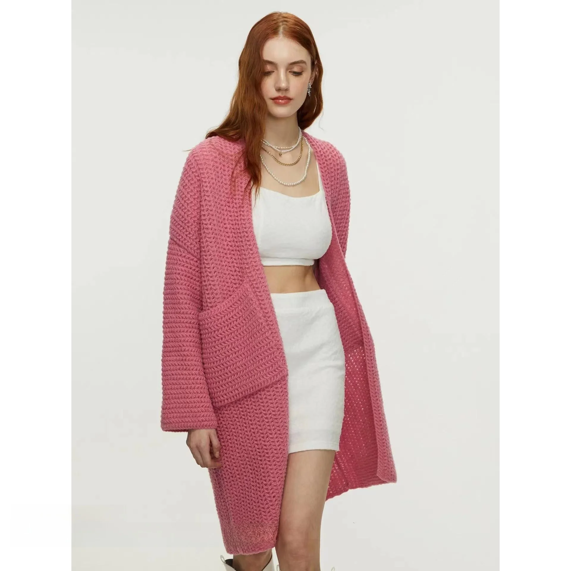 

Новый однотонный вязаный кардиган средней длины, свитер, верхняя одежда, V-Ne Long Sve, женский удобный свободный трикотаж