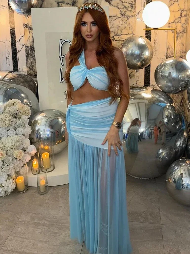 XIAOTANG Rok Seksi Musim Panas Dua Potong Set Atasan Crop Satu Bahu Wanita dan Rok Maxi Wanita Elegan Pesta Klub Pantai Set 2 Potong