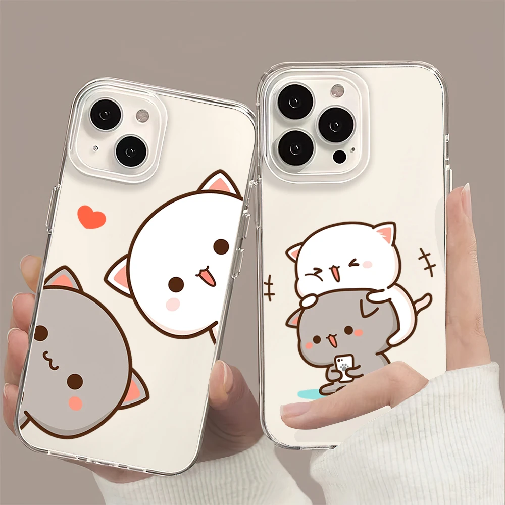 Cartoon Peach And Goma Mochi Cat Phone Case For iPhone 11 13 16 15 14 12 Pro Max Plus Clear Transparent Soft Shell