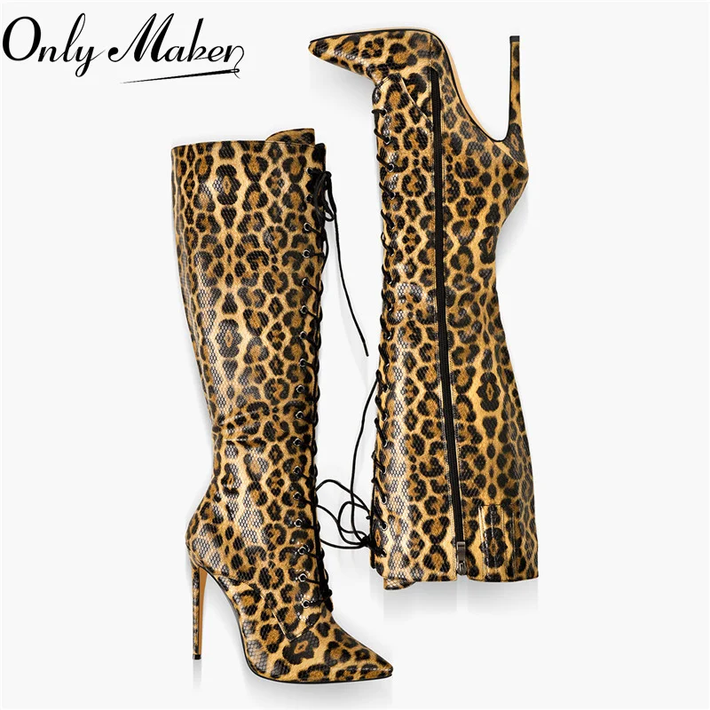 Onlymaker Women Pointed Toe Boots Side Zip 10CM High Heel Sexy Leopard Print Stiletto Stretch Knee High Boots Lace-Up Boots