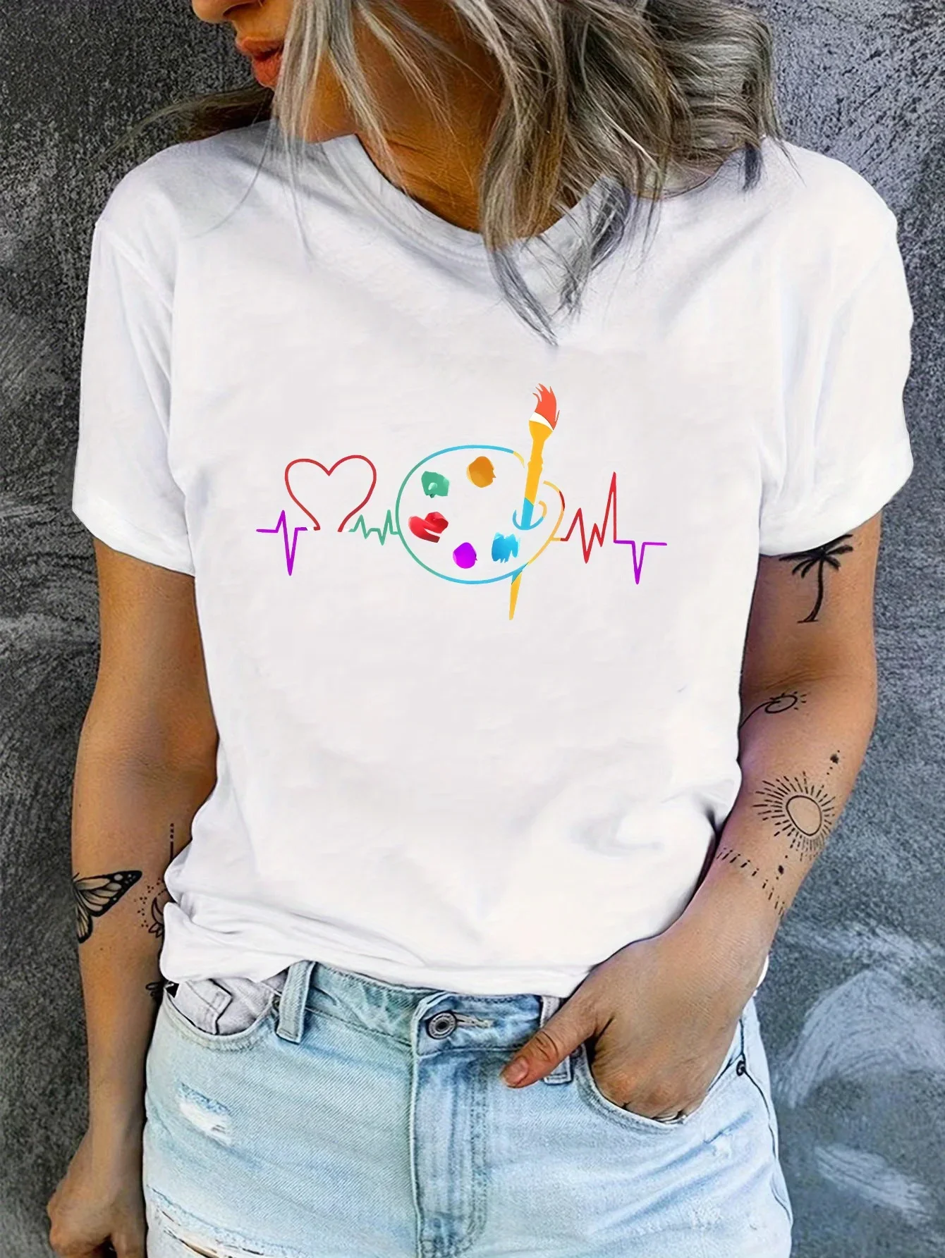 Breathable Round Spring Summer Fashion Casual  Seasonal Fashion Women's Casual Sleeve T-Shirt Paint Palette Geometric Print