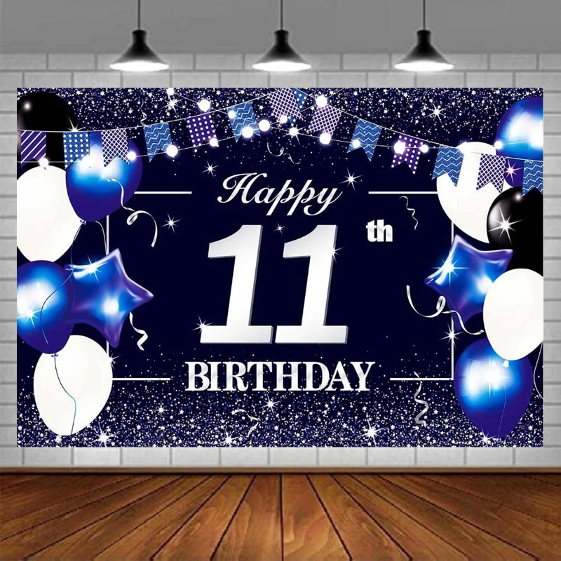 Fondo de fotografía signo feliz 11 cumpleaños fiesta fondo Banner decoración cartel suministros para niños azul púrpura blanco