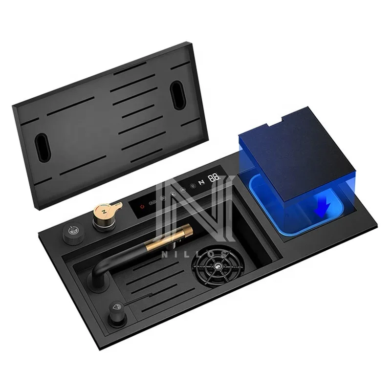

6532 Intelligent 304 Black Stainless Steel Hidden Flip Cover Smart Fruit Hydro Purification RV Kitchen Sink With Glass Rinser