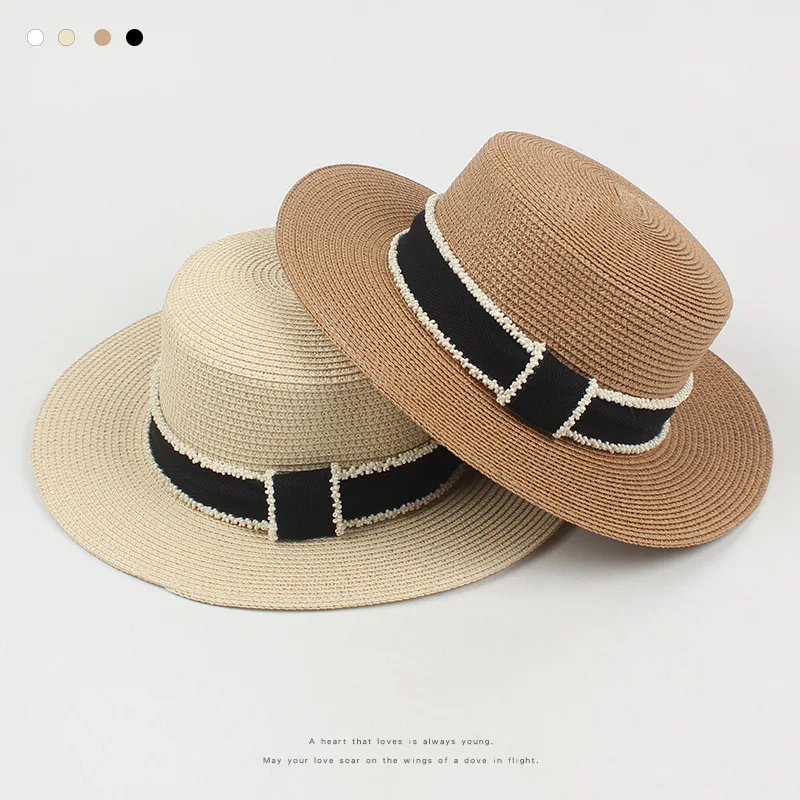 Korean straw hat British retro Europe and the United States bow flat top small gift women's hat sun protection beach lady caps