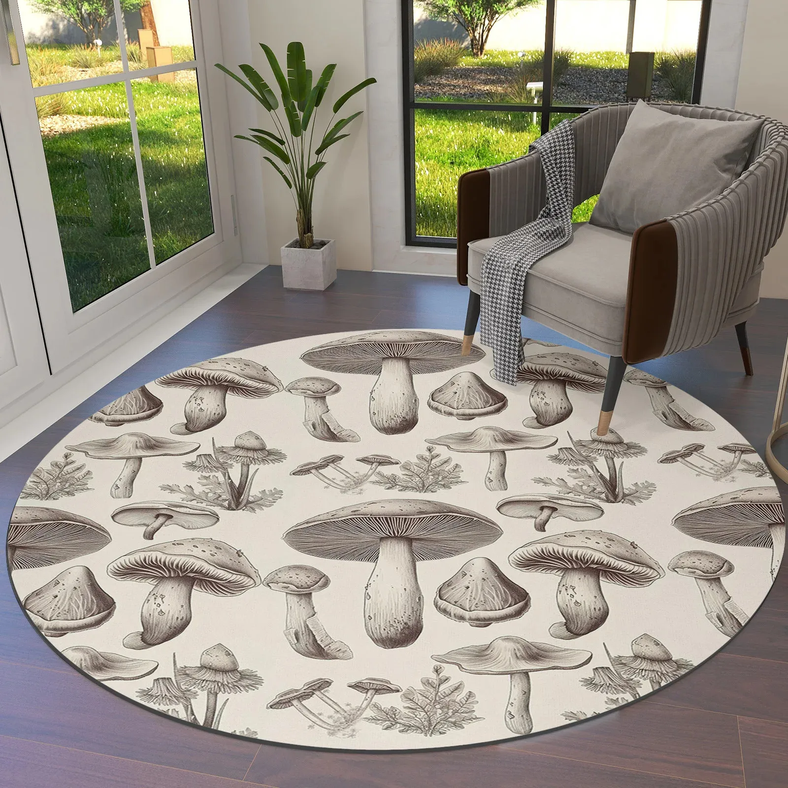 Mushroom Round Rug for Living Room Kawaii Fungus Carpet Non-Slip Wild Stuff Floor Mat for Bedroom Office Bathroom Kitchen Decor