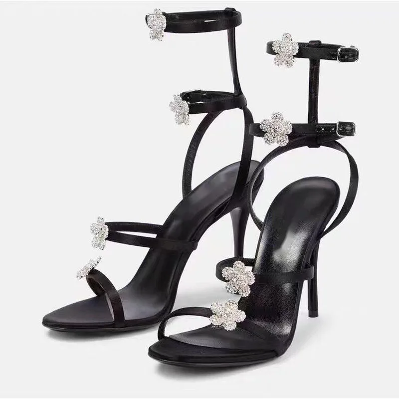 

Sexy Women Bling Diamonds Flowers Sandals Sexy Ankle Buckle Strap Pumps Dress Stiletto High Heels Shoes