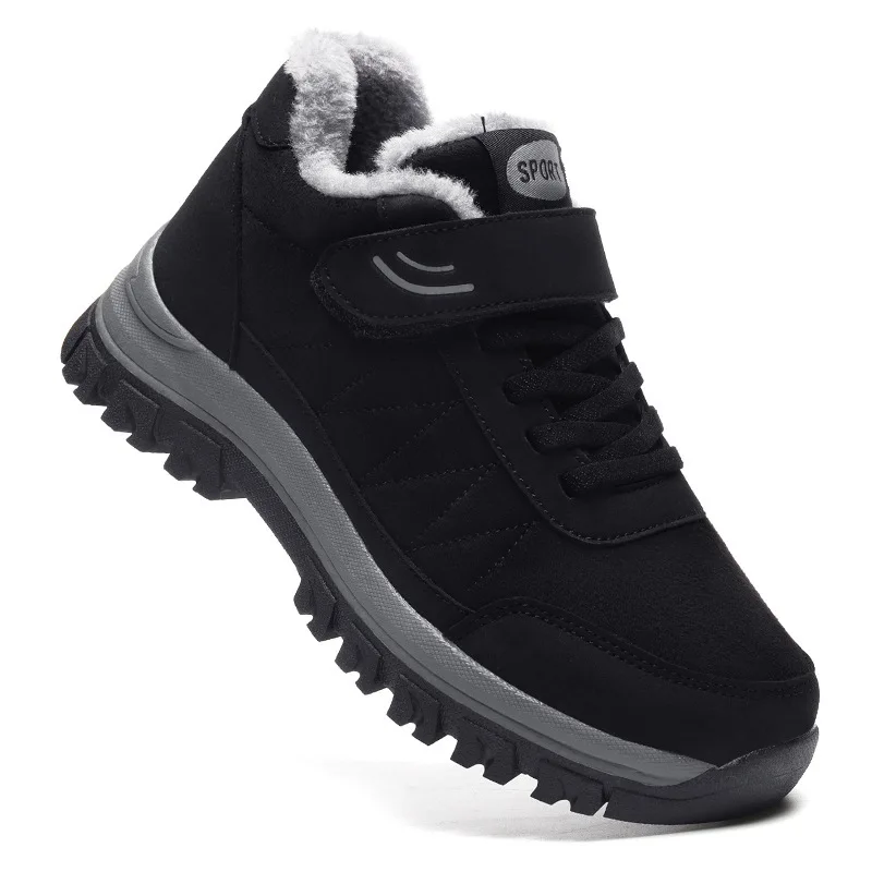 Winter shoes for elderly women, thickened and lined with fleece for warmth,  non-slip leather sports cotton shoes