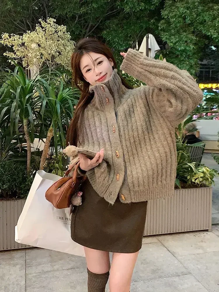 Thicken Winter Clothes Turtleneck Short Jacket Vintage Khaki Bull Horn Button Sweater Coats Korean Fashion Women Loose Cardigans