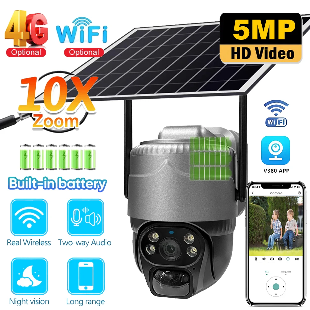 Wifi Solar Camera 5MP HD Night Vision Color Outdoor 360 Monitor 4G SIM Card Solar CCTV IP Cameras Video Surveillance Waterproof